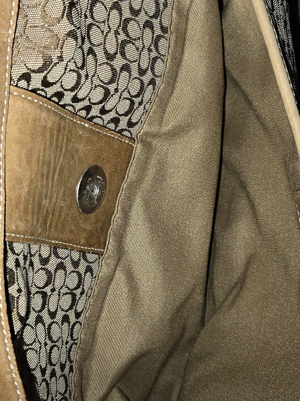 Coach Signature C Canvas Shoulder Bag Khaki Tan Leather Trim Flap Purse - Picture 3 of 10